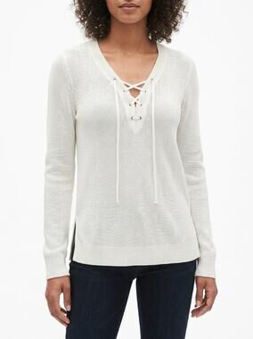Gap White V-Neck Lace Knit Lightweight Sweater Women Size L